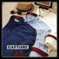 Capture Shirt เสื้อเชิ้ตผู้ชาย แขนยาว คอปก ลายสายฟ้า มีถึงอก 48 นิ้ว