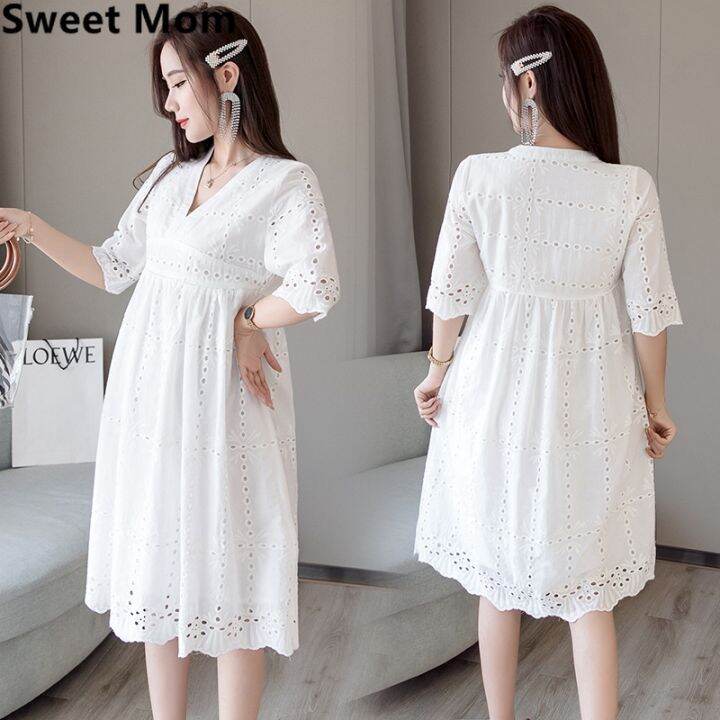 ready-stock-maternity-nursing-dress-v-neck-slim-waist-summer-pregnancy-feeding-dress