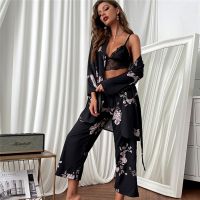 Womens Pajama Set Sleepwear Suit 3 Pieces Loungewear Floral Printing Pyjamas For Ladies Autumn Home Clothes Homewear