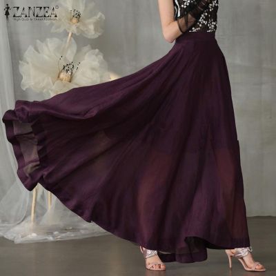 [ส่งของ]Women Elastic Waist A-Line Casual Solid Color Maxi Skirt
