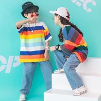 [COD] 61 Childrens Striped Short-sleeved Day Costumes Boys and Hip-Hop Denim Shorts