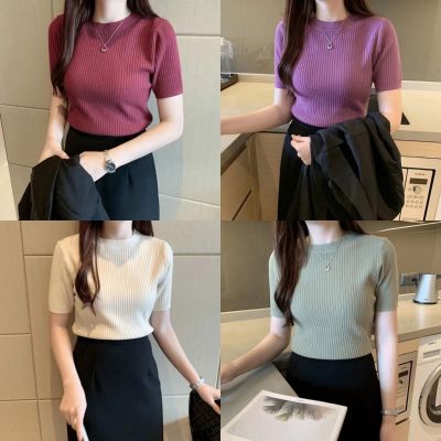 【Local delivery】Knitted Tops Women Korean Style Short Sleeve Blouse Tops Round Neck
