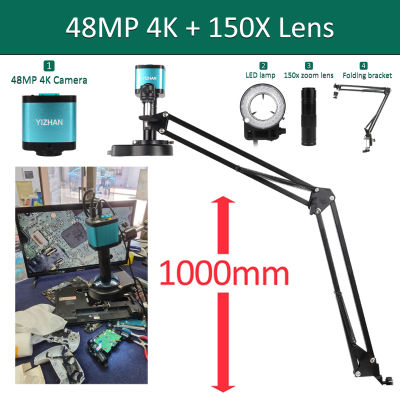 กล้องจุลทรรศน์4K สำหรับอุปกรณ์อิเล็กทรอนิกส์เลนส์1-150x เสริมกล้องจุลทรรศน์ดิจิทัล48MP ไฟ LED บัดกรี Pcb โทรศัพท์ขาตั้งพับเก็บได้