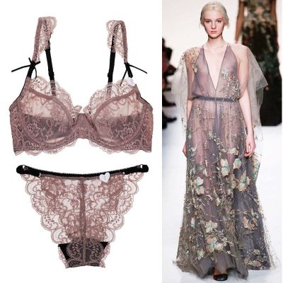 Plus size sexy lingerie ultra-thin transparent lace bra set sponge-free comfortable C D 3/4 cup push up gather together french brassiere panty sets for women female underwear lace briefs