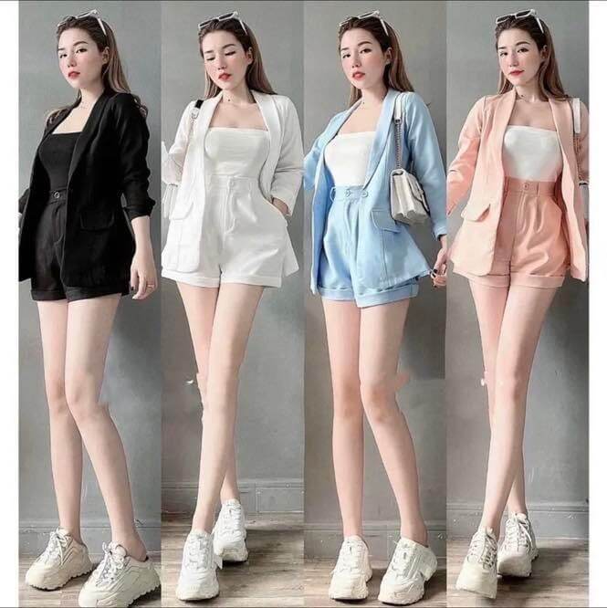 Sét Vest Ngắn Tay Lỡ Phối Quần Short Đùi, Sét Bộ Đồ Nữ Công Sở, Sét Vest 3  Món Chất Forty Đứng From - Tìm Voucher
