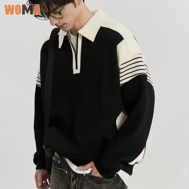 woma-เสื้อยืดเสื้อแบบหลวมเกาหลีใหม่สำหรับผู้ชายเสื้อฮู้ดแขนยาวลำลองอเมริกัน