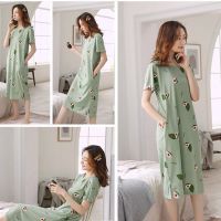 M-2XL Baju Tidur Wanita Korean Cute Lovely Bear Rabbit Avocado Cartoon Women Pyjamas Sleepwear Long Dress Short Sleeve