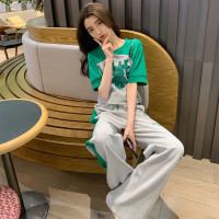 COD DSGERTRYTYIIO Summer New Casual Sports Suit Womens Short Sleeve T-shirt Top Split Wide Leg Pants Fashion Two-piece Set