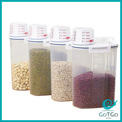 GotGo กล่องพาสติกเก็บเมล็ดข้าวสาร ทรงกระบอกน้ำ กันแมลง ความจุ 2 Kg. พร้อมถ้วยตวง Rice Container มีสินค้าพร้อมส่ง