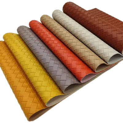 XHT Woven pattern solid Color PU Vinyl Faux PVC Synthetic Leather Fabric Material for craft material