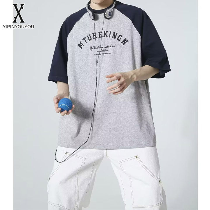 yipinyouyou-เสื้อยืดผู้ชายมีสไตล์และแขนสั้นหลวมพร้อมคอกลมพิมพ์ลายอักษรย่อใหม่