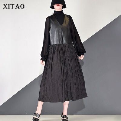 XITAO Dress Black Casual  Women Sleeveless Pu Patchwork Dress