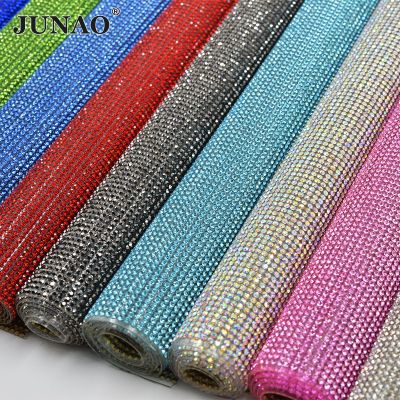JUNAO 24*40cm Glitter Clear AB Glass Rhinestone Mesh Trim Hotfix Crystal Fabric Sheets Strass Ribbon Applique For Dress Crafts