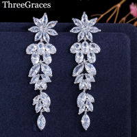 ThreeGraces Silver Color Shiny Cubic Zirconia Flower Shaped Long Dangling Drop Earrings for Brides Wedding Jewelry ER139