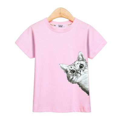 เด็กผู้ชายเสื้อยืดการ์ตูนสาวท็อปส์ซูฤดูร้อนแมวตลกเสื้อยืดboy girl cat looking clothes