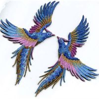 คุณภาพสูงเป็นประกาย♗Phenix Birds Azure Blue Pink Gold ปัก Appliques Iron On Patches คู่