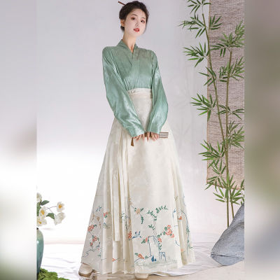 Hanfu ชุดกระโปรงหน้าม้าจีนแบบดั้งเดิมสำหรับผู้หญิง,ราชวงศ์หมิงเสื้อแจ็คการ์ดสีดำย้อนยุคสำหรับเดินทางทุกวัน