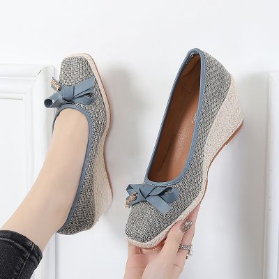 Wedge straw shoes new female the spring and autumn period and the shallow mouth high with thick bottom bow shoes