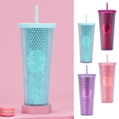 Cute Barbie Pink Studded Tumbler Water Cup Water Bottle Plastic Straw Cup Double E8K8