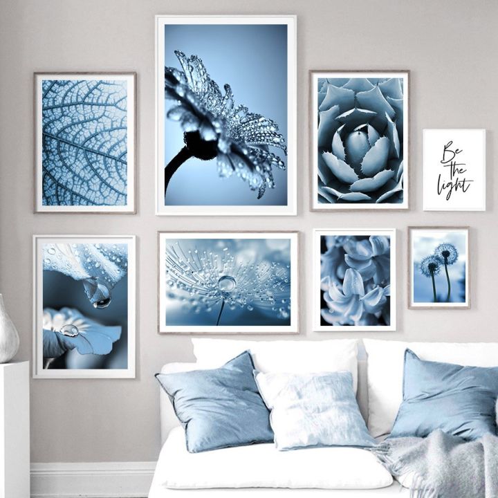 blue-dandelion-dewdrop-lily-leaf-plant-botanical-wall-art-ภาพวาดผ้าใบโปสเตอร์และพิมพ์สำหรับตกแต่งห้องนั่งเล่น