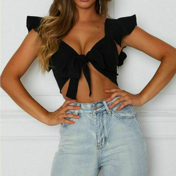 v-neck-sleeve-t-shirt-crop-bow-tie-front-short-beach-bandage-tee-top