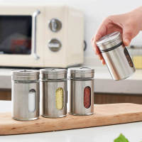 Pepper Shaker Stainless Steel Glass Slim Body Spice Container with Transparent Window เครื่องมือทำบาร์บีคิว