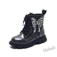 【hot sale】 ✉❄ C19 Girls Ankle Boots Black Shine PU Waterproof Butterfly Pearls Chic Unique Kids Fashion Princess Boots for Catwalk Children Casual