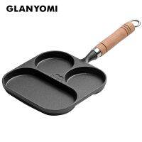 Three Cavities Cast Iron Omelet Pan for Breakfast, Non-stick Egg Frying Pan Cooker with Wooden Handle