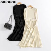 [hot]♤♝  GIGOGOU Sweater O Neck Thick Warm A Dresses with Woman Pleated