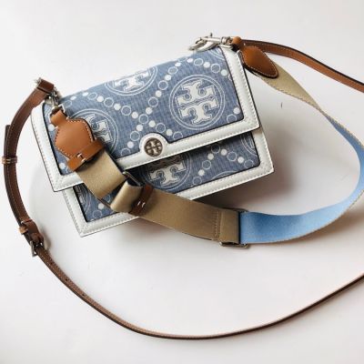 2023 new tory burch 1612 Medium Classic T Monogram Denim Jacquard Shoulder Bag/Crossbody Bag