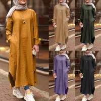 Women Malaysian Muslim Solid Color Long Sleeve Shirt Pocket A- Line Dress Casual Robe