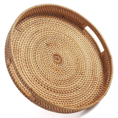 Round Rattan Serving Tray Decorative Woven Ottoman Trays with Handles for Coffee Table Natural