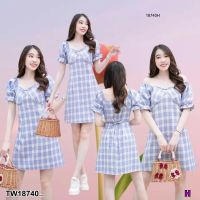 M18740  Mini dress แขนตุ๊กตาลายสกอต ตัดต่อย่นช่วงอก ติดกระดุมหลอกด้านหน้า มีโบว์เส้นเล็กผูกเอว งานสวยน่ารักมากๆ