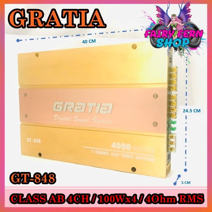 เพาเวอร์แอมป์ติดรถยนต์gratia-รุ่น-gt-848-class-ab-4ch-สีทองกำ-ลังขับ-100x4watt-ขับลำโพงเสียงกลาง-เครื่องเสียงรถยนต์-ampติดรถยนต์-แอมป์คลาสเอบีสี่ชาแนล