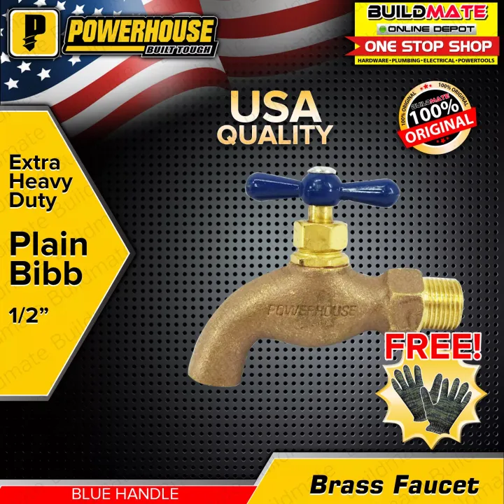 Powerhouse Brass Plain Bibb Faucet 1 2 Blue Handle Heavy Duty Free Gloves •buildmate• Phht