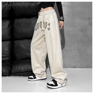 DaDuHey Womens American-Style Retro Hiphop High Street Letter Embroidered Pants Loose Wide Leg Drooping Straight Casual Pant
