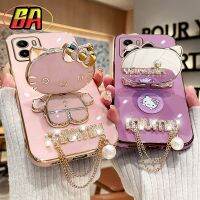 เคสด้านหลังป้องกันการกระแทกสำหรับ VIVO Y30 Y30i Y50 VIVO 1935 VIVO 1938 Y91C Y95 Y31การ์ตูนน่ารักแฟชั่น3มิติลาย Hello Kitty แต่งหน้าเป็นกระจกกรณีพร้อมขาตั้ง