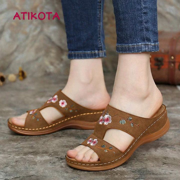 atikota-รองเท้าแตะ-พื้นทรงหนา-พิมพ์ลายดอกไม้-สไตล์วินเทจ-สําหรับผู้หญิง