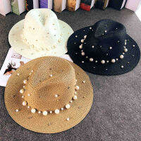 【CW】2019ฤดูร้อนใหม่ British Pearl Beading แบน Brimmed Straw หมวกแรเงา Sun หมวก Lady Beach หมวกครีมกันแดดแฟชั่น Jazz Cap