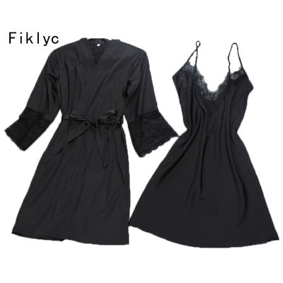 Fiklyc brand sexy womens robe &amp; gown sets twinest bathrobe + mini night dress two pieces sleepwear womens sleep set faux silk