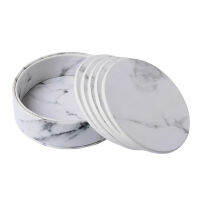 PU Leather 6 Piece Coasters Set Round Imitation Marble Table Placemats Coffee Cup Mat Easy to Clean Tea Holder