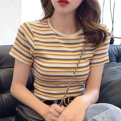 Striped Knitted Short Sleeve T-shirt for Women Thin 2021 New Summer Net Red Ins Fashion Slim Short Crew Neck Womens Top