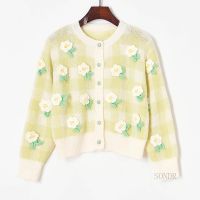 Fresh Contrast Color Plaid Cardigan Hand Hook 3D Flower Round Neck Knit Cardigan 2021 New Cropped Sweater Women Flower Cardigan