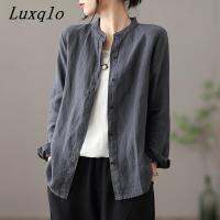 Luxqlo เสื้อแขนยาวผ้าฝ้ายสีทึบผู้หญิง,เสื้อทรงหลวมเข้ารูปเสื้ออเนกประสงค์ใส่สบายสไตล์การแต่งตัวโดดเด่น