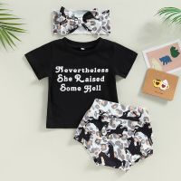 Baby Girl 3Pcs Western Clothes Casual Summer Outfit Short Sleeve Letter T-Shirt + Cowboy Shorts + Headband Set  by Hs2023