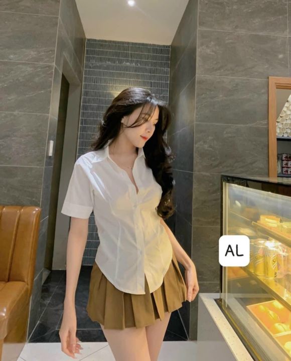 Set váy nữ sinh style Hàn Quốc dễ thương, áo sơ mi trắng tay ngắn ...