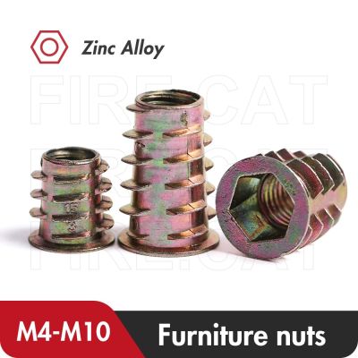 10/15/20/40 Pcs Zinc Alloy Hex Socket Drive Threaded Inserts Nuts M4 M5 M6 M8 M10 Internal Threads Furniture Nut for Wood Nails Screws Fasteners