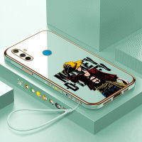 เคสพร้อมสายคล้องสำหรับ Realme C3 Realme C17,เคสโทรศัพท์ชุบลายขอบสี่เหลี่ยมลายการ์ตูนลูฟี่อนิเมะ (ฟรีสายคล้อง)