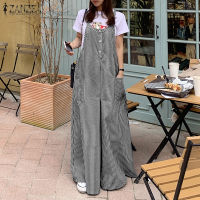 ZANZEA เกาหลีสไตล์สตรีกว้างขาจั๊มสูทลายขวาง Baggy เพลย์สูทแขนกุด Overalls