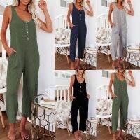 [COD] Cross-border independent station 2023 summer casual womens pocket solid button jumpsuit mid-waist